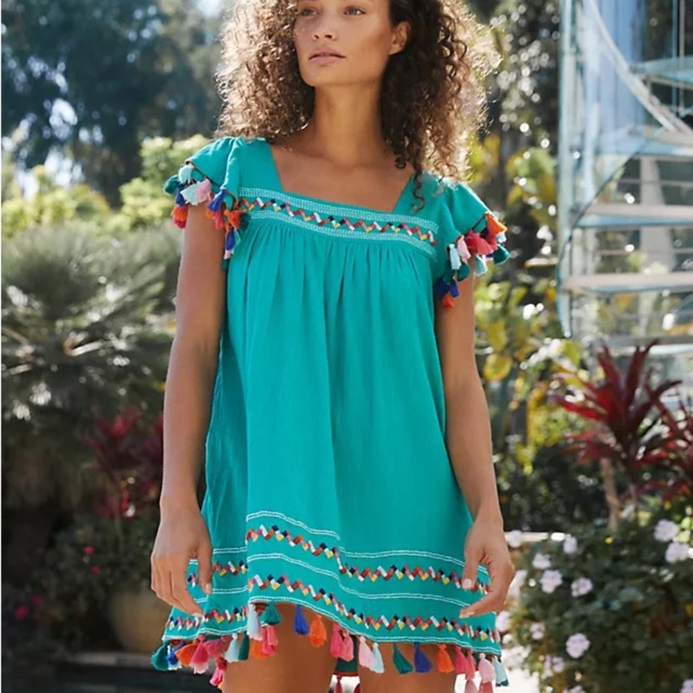 Anthropologie Teal Mini Dress with Multicolor Tassels
Boho swim coverup dress